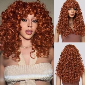 Copper Red Curly Wig Long Curly Wig with Bangs for Women NEW